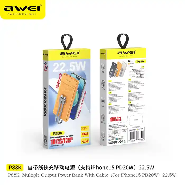 Awei P88K 10000mAh Mini Fast Charging 22.5W Quick Charge With Built-In Mini Cable Power bank